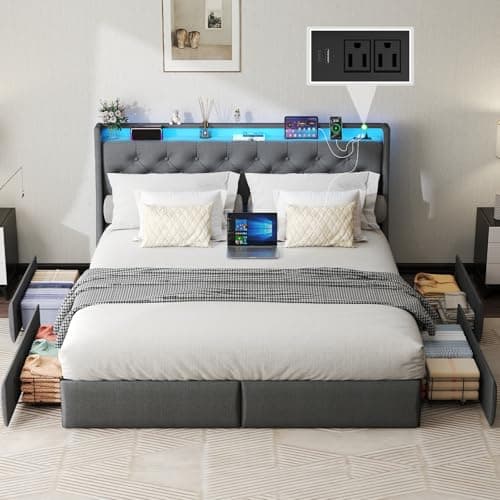 Queen Size Bed Frame with Storage Drawers & LED Lights, Upholstered Headboard, Charging Station, Steel Support, No Box S