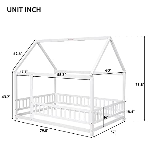 Montessori Floor Bed Frame with Roof & Fence, White, No Box Spring Needed