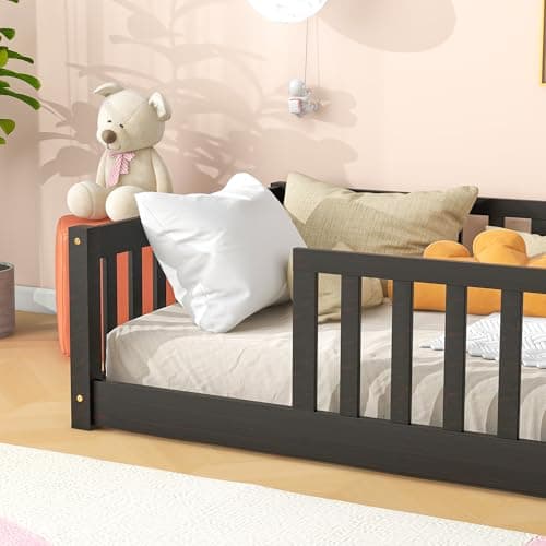 Espresso Toddler Twin Floor Bed with Fence, Easy Assembly