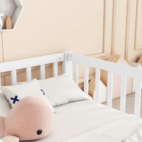 i-POOK Double Twin Bed Frames for 2 Kids, White Wooden Floor Beds