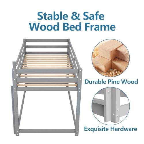 Twin Over Twin Bunk Bed with Ladder & Full-Length Guardrail for Dormitory and Bedroom, Grey Color, 400LBS Capacity