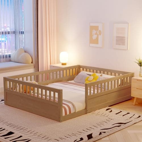 DNYN Full Size Montessori Floor Bed for Kids, Natural Wood & Space Saving Design
