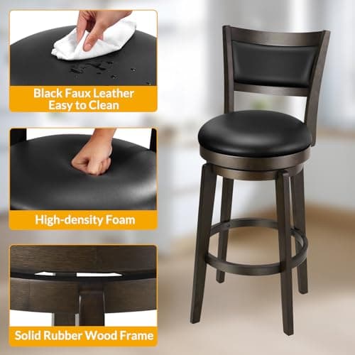 PrimeZone Set of 4 Black Faux Leather 24 Counter Height Bar Stools with High Backrest and Wood Legs
