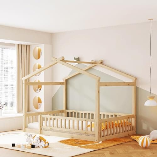 Bellemave Full Size Montessori Wood House Bed with Fence, Natural