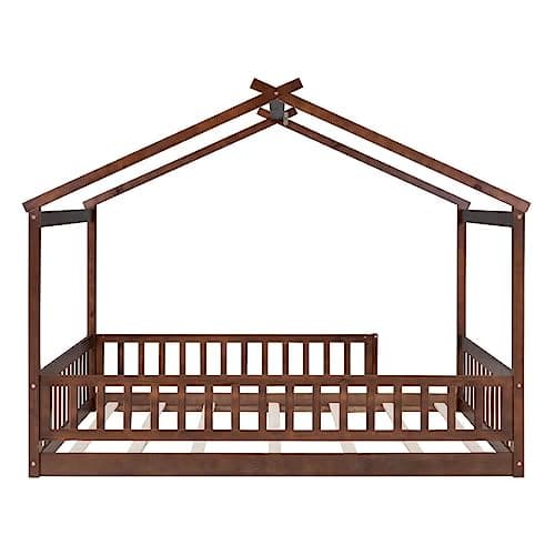 i-POOK Kids Full Size Montessori House Bed with Fence, Roof, Walnut Wood Frame