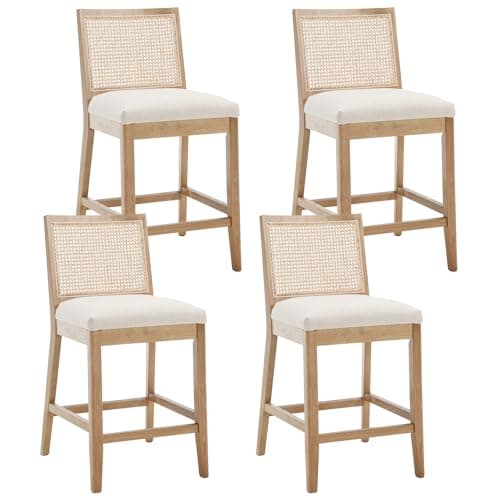Rattan 26" Counter Stools, Set of 4, Cream Boho Kitchen Chairs