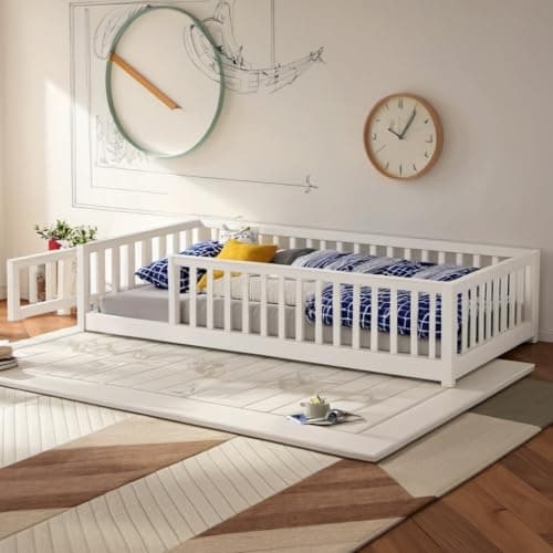 Twin Size Wood Montessori Bed with Convertible Door & Safety Guardrails for Kids, Espresso
