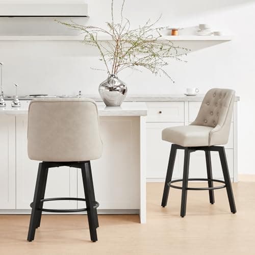 Beige Leather Swivel Barstools, 26" Height, Kitchen Island Set of 2