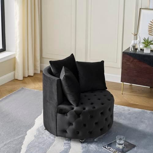 i-POOK Velvet Swivel Barrel Accent Chair with Button Tufted Design and 3 Pillows