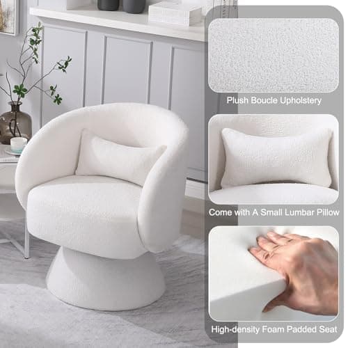 KIVENJAJA Sherpa Teddy 360° Swivel Armchair, White Pillowed Boucle Living Room Chair