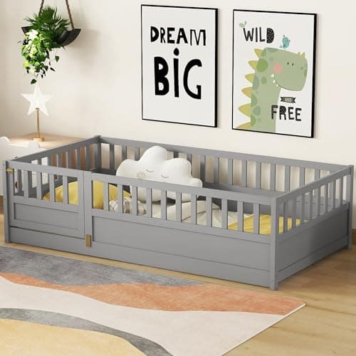 Gray Montessori Twin Size Floor Bed with High Fence, Door and Slats for Kids