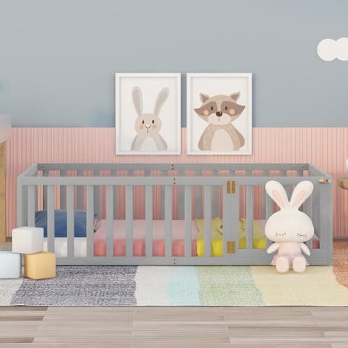 Montessori Floor Bed for Children – Gray Twin Size with Fence & Door Frame
