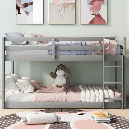 Twin Over Twin Wood Bunk Bed for Teens, Dormitory and Bedroom, Easy Assembly, Grey