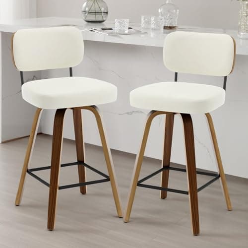Mid Century Modern 26" Faux Leather Bar Stool Set, Cream White with Back