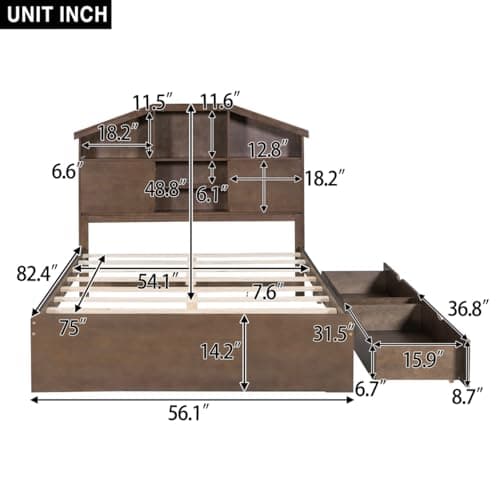 i-POOK House-Shaped Storage Full Bed Frame with Drawers for Kids Teens Adults Walnut