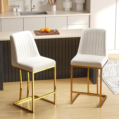 LSSBOUGHT Gold Metal Counter Height Bar Stools Set of 4, Beige Padded Leathaire Back