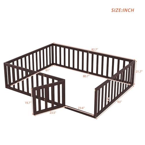 Sturdy Pine Wood Queen Bed Frame with Fence and Door, Walnut Finish
