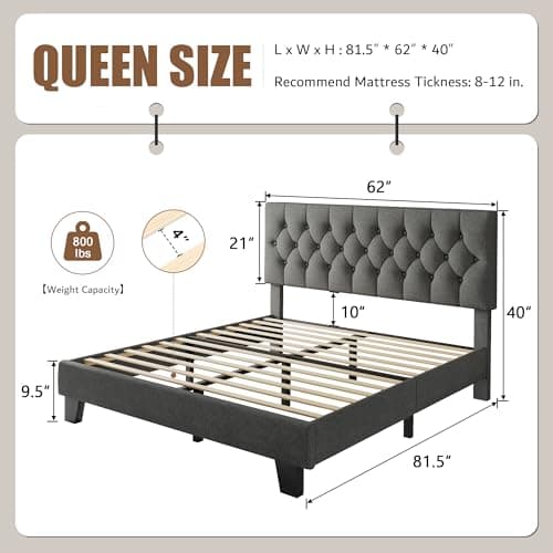 iPormis Dark Grey Button Tufted Queen Upholstered Bed Frame, Velvet Support Legs