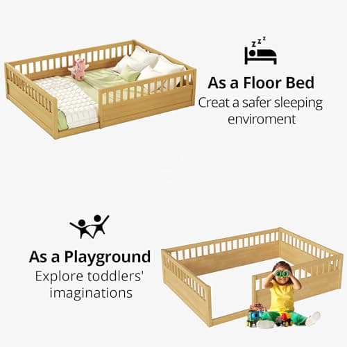 Full Size Montessori Floor Bed with High Fence, Natural Wood for Kids