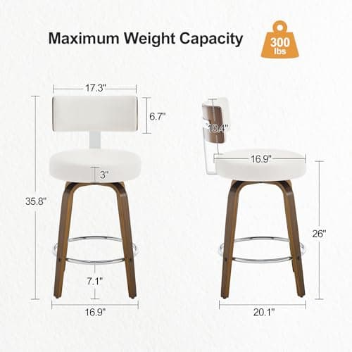 Mid Century Walnut Bar Stools Set of 4, Faux Leather Seat, 26" Height, White