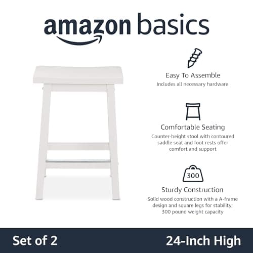 Amazon Basics White Solid Wood Kitchen Barstool, 24" Height, Set of 2