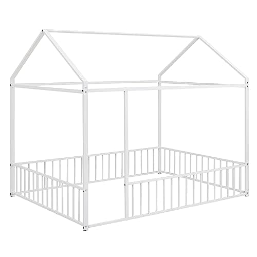 Bellemave Full Size Montessori Metal House Bed with Fence, White