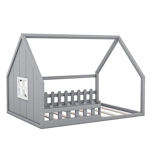 Wooden Montessori Floor Bed for Kids, No Box Spring Needed - Gray