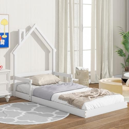 i-POOK Kids Wooden Montessori Floor Bed with House-Shaped Headboard and Handrails, White