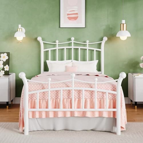 Hombck White Metal Twin Bed Frame with Crown Headboard