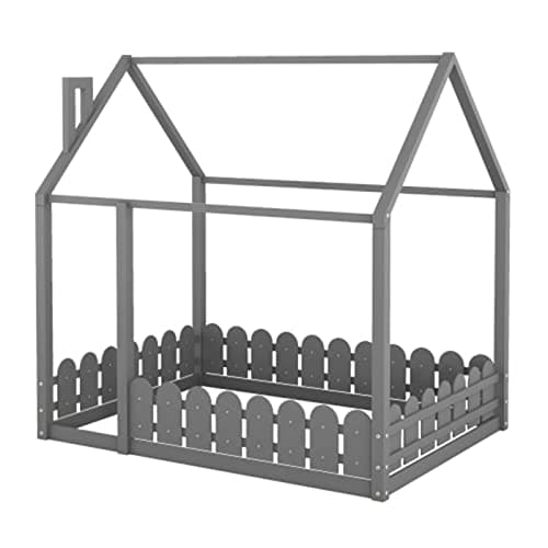 Wood House Bed Frame for Children with Fence & Roof, Full-Length Guardrail for Teens Girls Boys