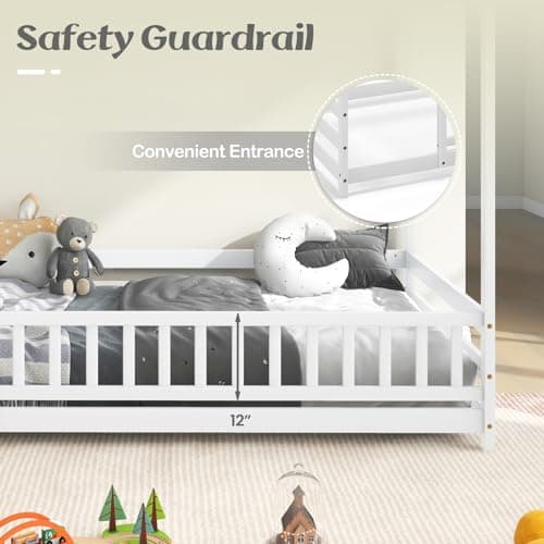 KOMFOTT White Wooden Twin Bed with Safety Guardrail & Roof for Kids