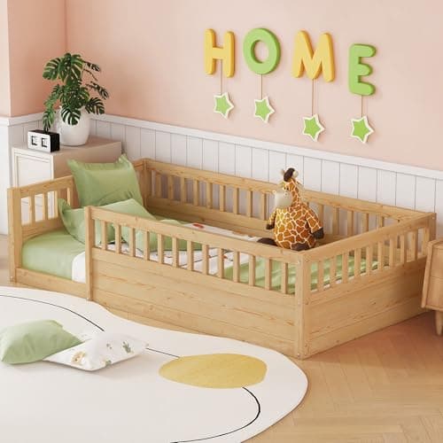 Montessori Twin Floor Bed with Fence & Open Door, High Guardrails &Wood Baffle Design,Natural