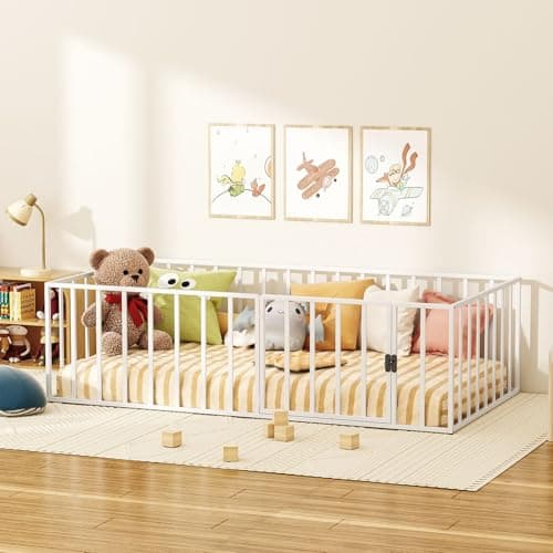Metal Twin Floor Bed Frame with Safety Rail, Easy Assembly for Bedroom or Playroom