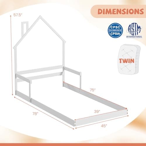 Giantex White Wood Floor Bed for Kids with Chimney Headboard & Handrail