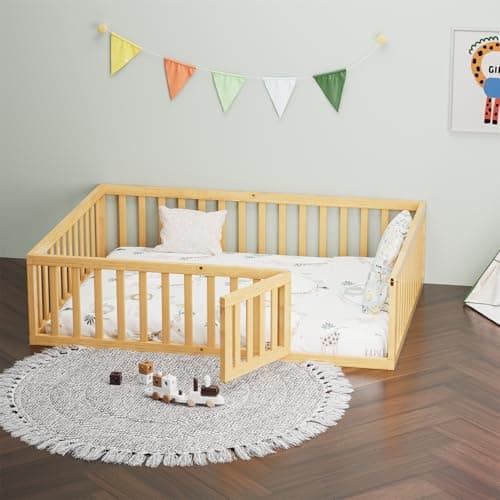 Multifunctional White Montessori Queen Bed with Fence & Door for Kids