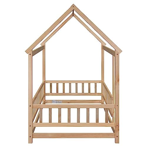 Montessori Twin Size Floor Bed Frame for Kids - Wooden House Design with Fence