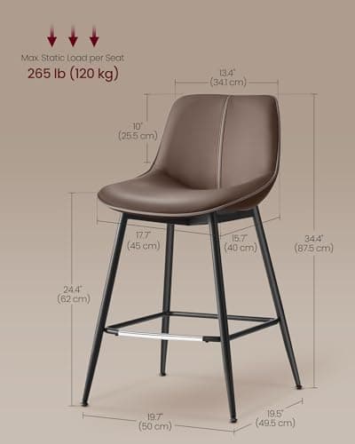 VASAGLE Set of 2 Ergonomic Counter Height Bar Stools with Back, 24.4-Inch, Caramel Brown
