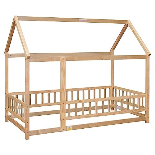 Montessori Twin Size Floor Bed with Roof & Fence Guardrails for Boys Girls Bedroom