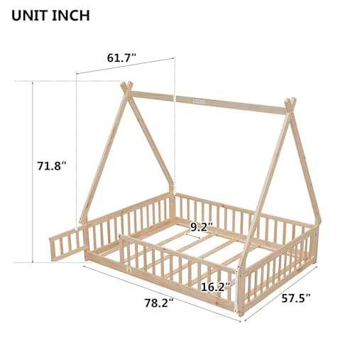 Montessori Full Size Wood Teepee Floor Bed with Slats and Guardrails