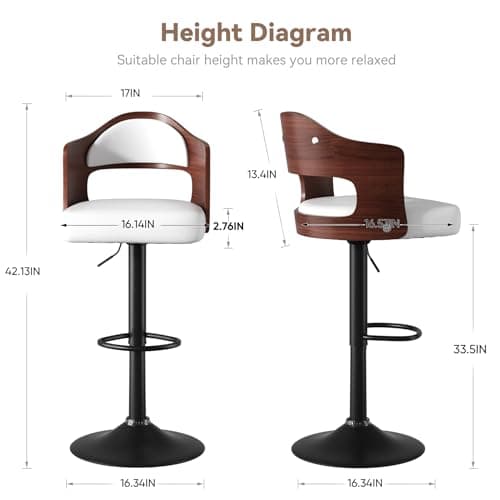 Adjustable Height Wooden Bar Stools Set of 4 with Back & Footrest