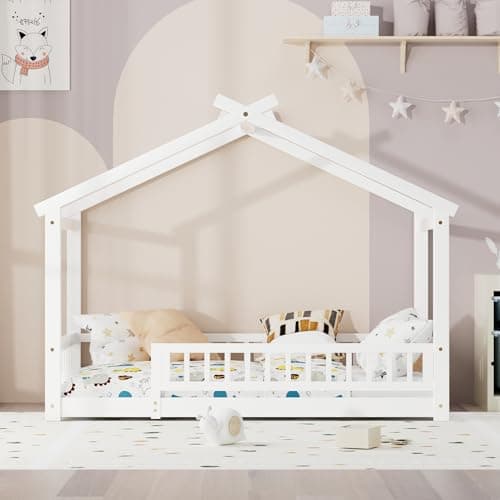 White Wooden Fence Twin Bed with Slats Support for Kids Bedroom