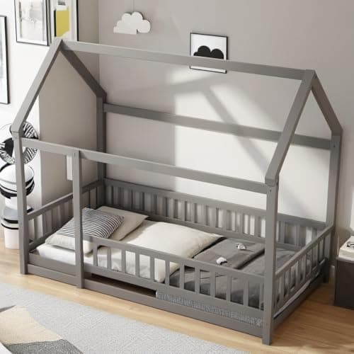 Gray Twin Montessori Floor Bed with Roof & Fence, Easy Assemble No Box Spring Needed