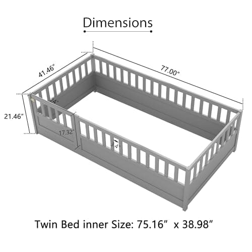 Montessori Twin Size Floor Bed with High Fence & Door (Gray)