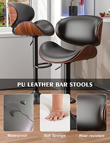 Bentwood Bar Stool Set, Adjustable Height with Footrest, PU Leather, Black Kitchen Bar Chairs