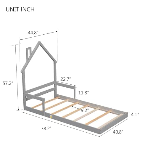 Montessori Twin Floor Bed with Roof & Safety Guardrails, Grey,No Box Spring Needed