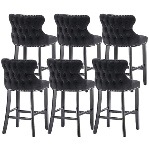 i-POOK Set of 4 Black Velvet Counter Height Bar Stools with Solid Wood Legs and Wing-Back Design