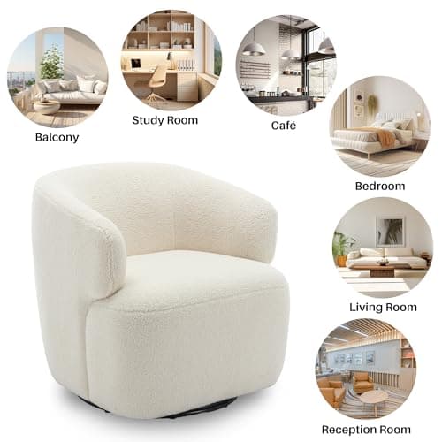 Sherpa Teddy Swivel Chair, Beige Cream White, Cozy Living Room Accent