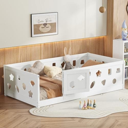 Montessori Twin Size Floor Bed with High Fence & Door (Gray)