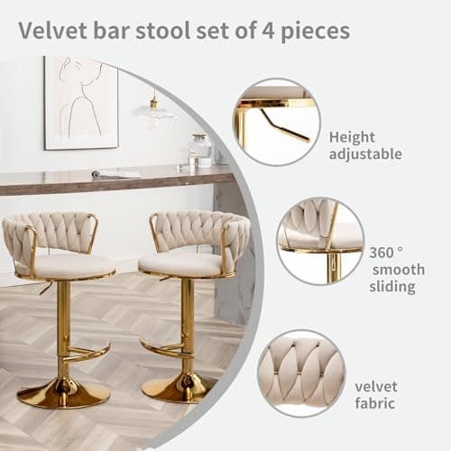 Beige Velvet Gold Bar Stools Set of 4, Counter Height, Low Back, Adjustable & Swivel
