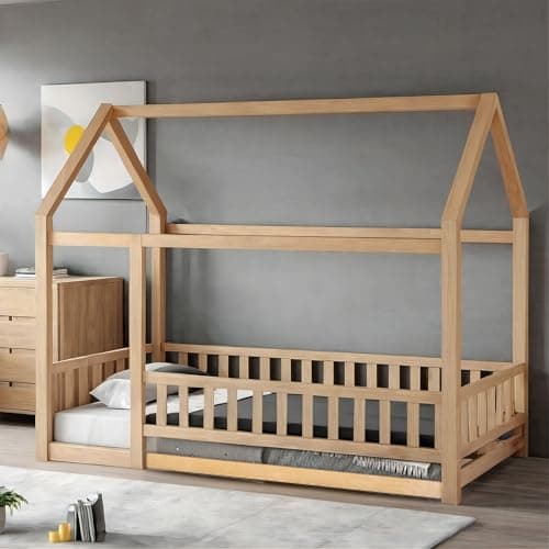 Montessori Twin Size Floor Bed Frame for Kids - Wooden House Design with Fence